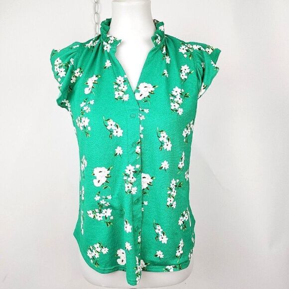 Melloday Green Floral Flutter Sleeve V-Neck Button Down Knit Top Womens S - Picture 1 of 7
